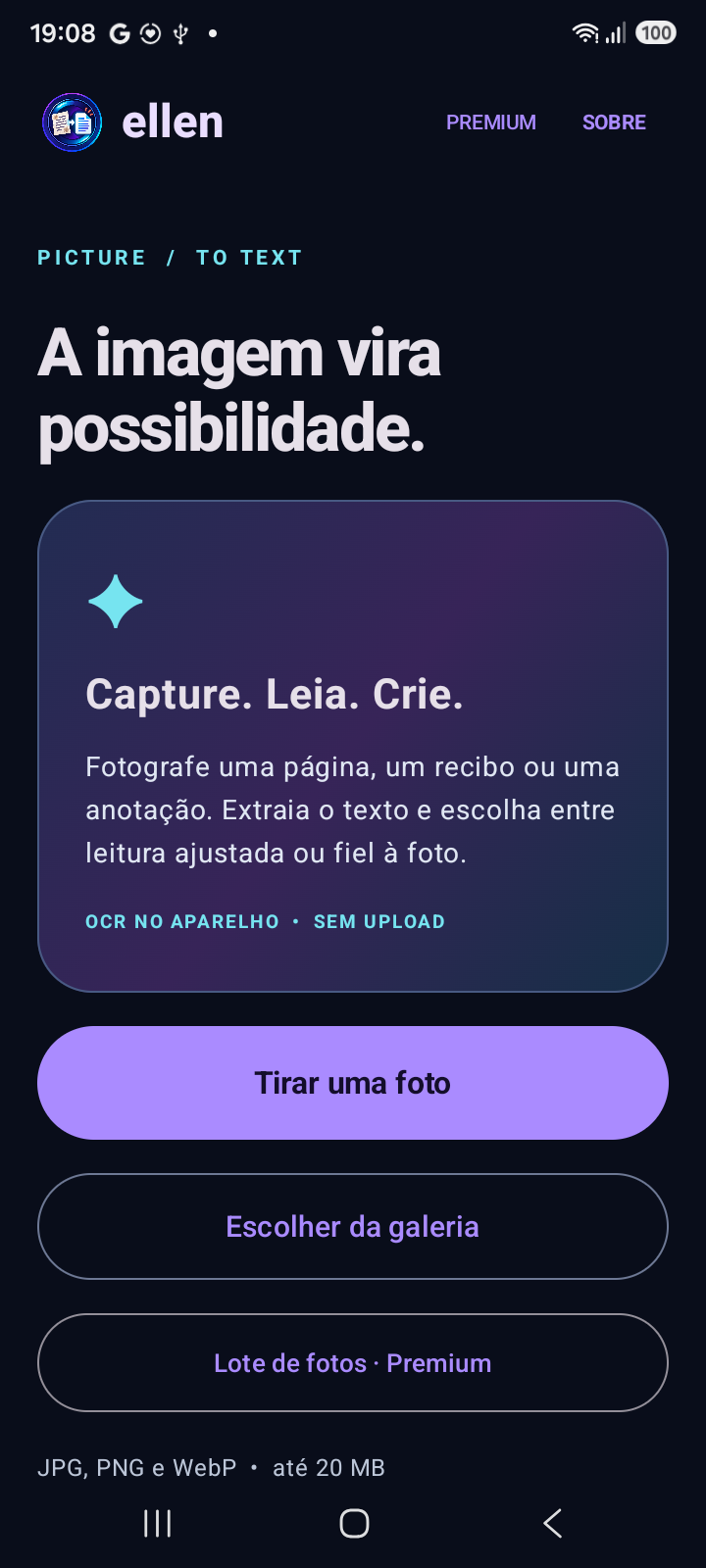 Tela inicial real do Ellen Picture to Text