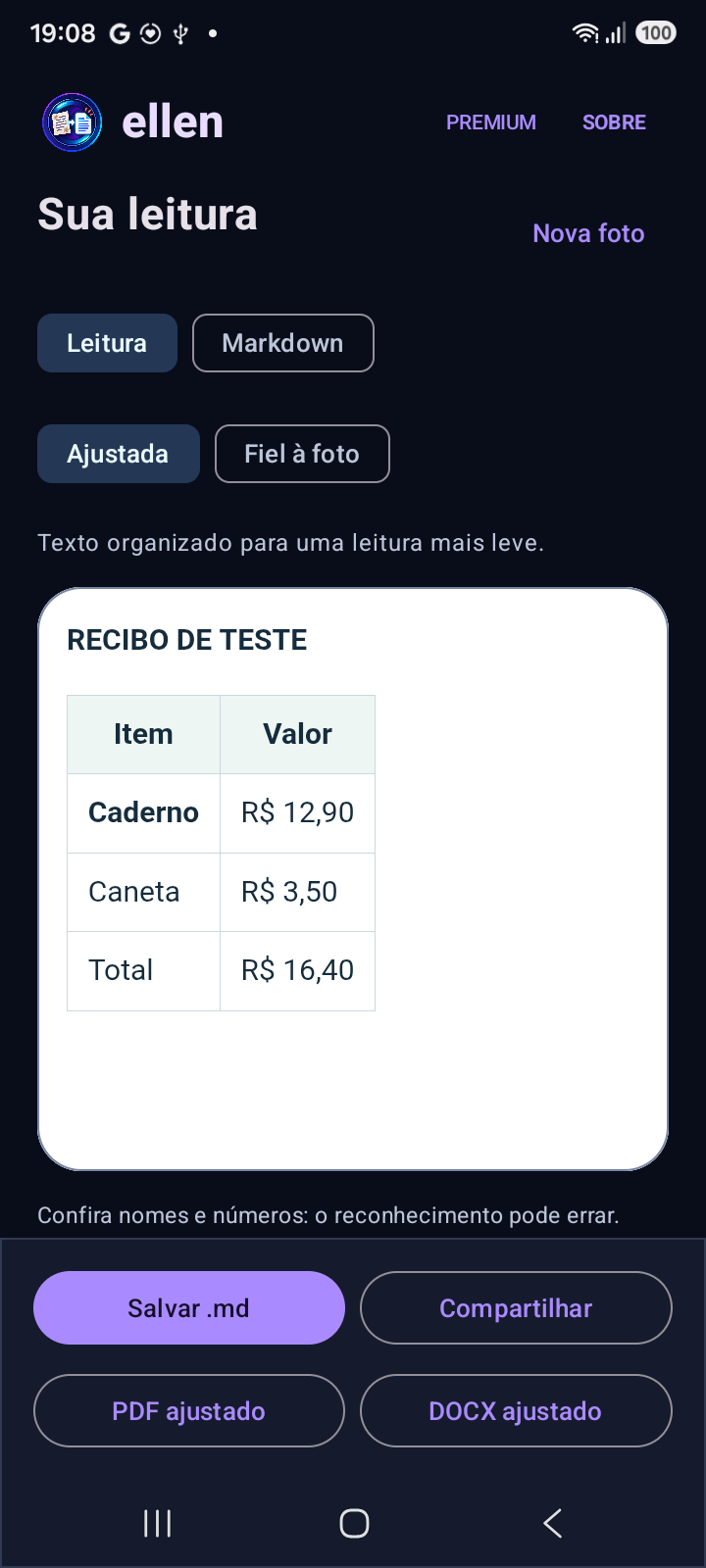 Leitura ajustada de um recibo, com botões para exportar PDF e DOCX